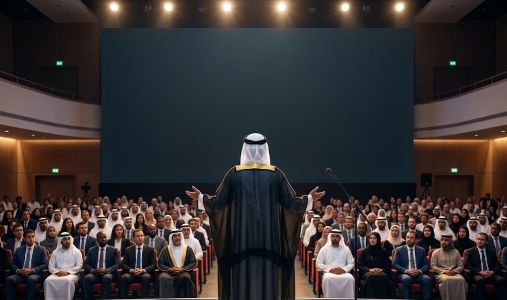 عرض تقديمي عن فن الإلقاء ويظهر  لقطة من الخلف لمتحدث يفتح يديه بثقة وتأثير أثناء التحدث أمام جمهور.